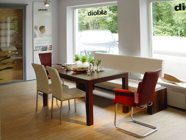 Moderner Essbereich mit Holztisch, Designerstühlen und Pflanzen im hellen Wohnraum.